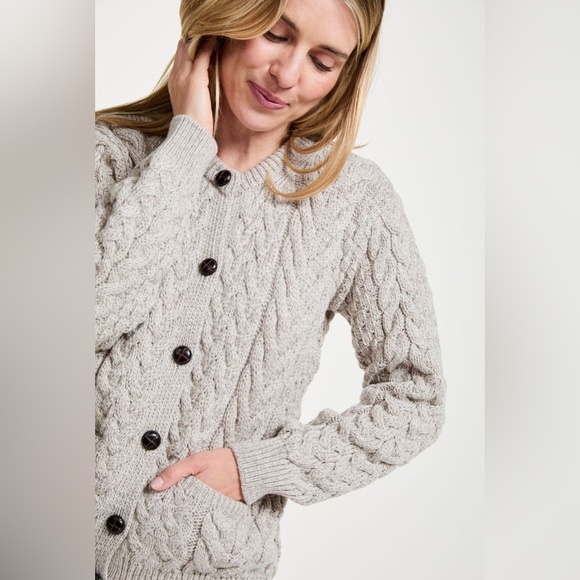 Aran Woolen Mills Cleggan Ladies Aran Crew Neck Cardigan Sweater - Oat - Medium - Picture 2 of 10